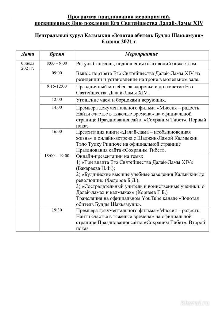 Program of the Celebration of the Birthday of His Holiness the 14th Dalai Lama