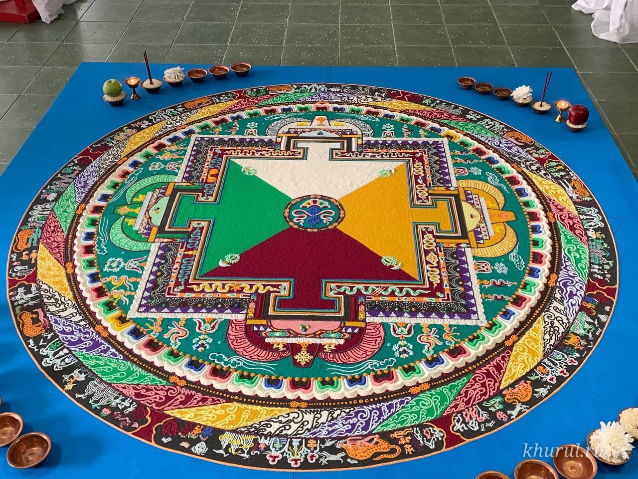 Construction of the Yamantaka sand mandala completed in the village of Yashkul