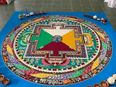 Construction of the Yamantaka sand mandala completed in the village of Yashkul