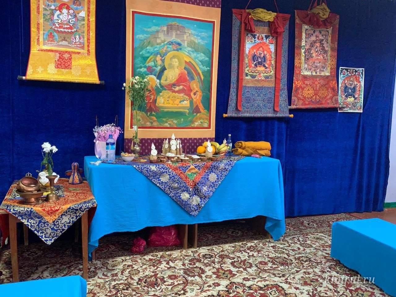 Construction of the Yamantaka sand mandala completed in the village of Yashkul