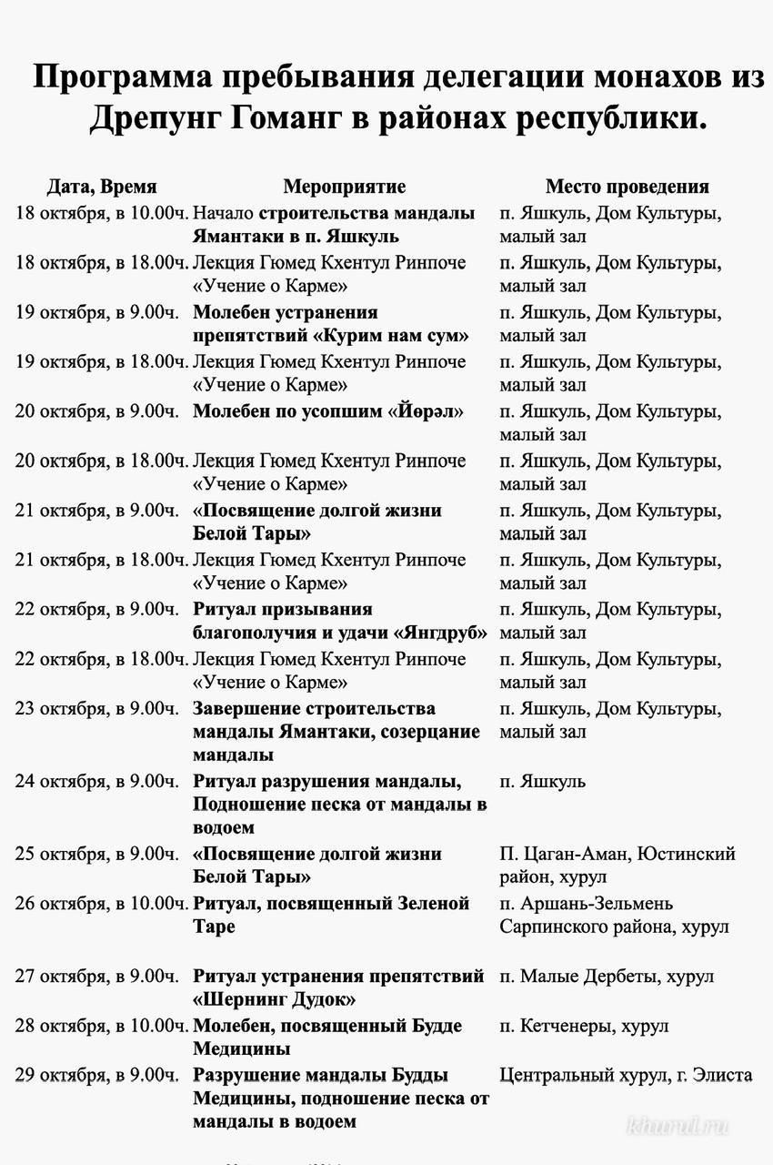 Schedule of the Drepung Gomang monks’ delegation visit to the districts of the republic